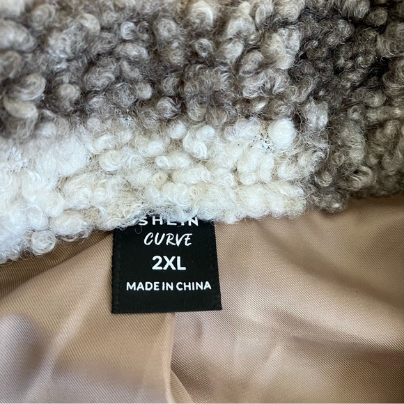 SHEIN CURVE LUNE Plus Plaid Pattern Drop Shoulder Teddy Coat Tan Cream Sz 2X - Picture 14 of 16
